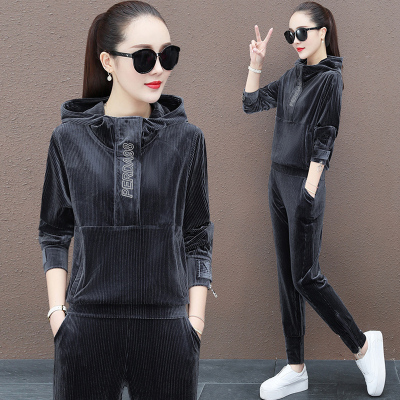 品牌金丝绒运动服套装女春秋2020新款时尚修身显瘦宽松大码连帽套头长袖卫衣休闲运动服女装春秋两件套