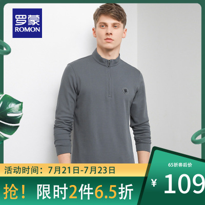 65折劵后价：109-罗蒙男士长袖T恤衫2021春季新款商务休闲拉链领上衣中青年简约t恤