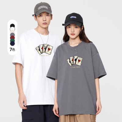 夏季男装重磅纯棉男士打底衫短袖T恤男时尚印花扑克圆领休闲体恤_203