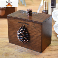 创意美式复古木质牙签盒防尘带盖分格收纳棉签盒 敬平 松果双格牙签盒牙签筒