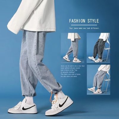 束脚牛仔裤男士春夏季新款港风宽松抽绳高街潮流时尚长裤_1