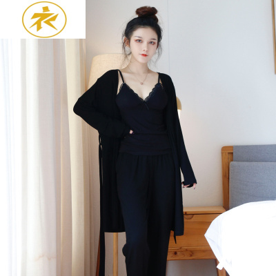 Ideamini秋冬睡衣女棉三件套春秋性感蕾丝吊带长裤家居服莫代尔黑色睡袍
