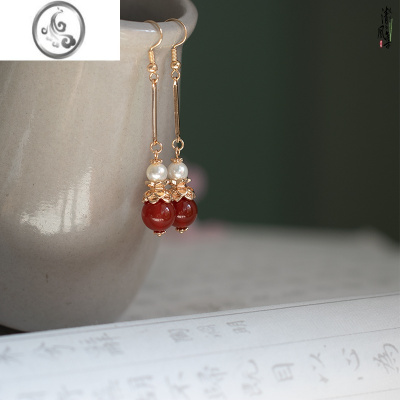 JiMi清风集原创手工明制汉服耳环耳夹古风珍珠玛瑙长耳坠饰品小葫芦
