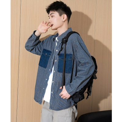[2.5折价157元]唐狮春秋季新款条纹开衫男宽松工装纯色衬衣休闲外套牛仔潮