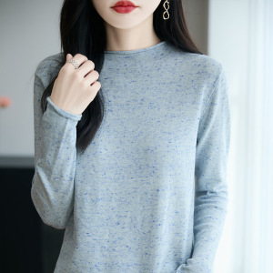 法式软糯花纱长袖针织打底衫女圆领长袖毛衣新款精纺毛衫上衣