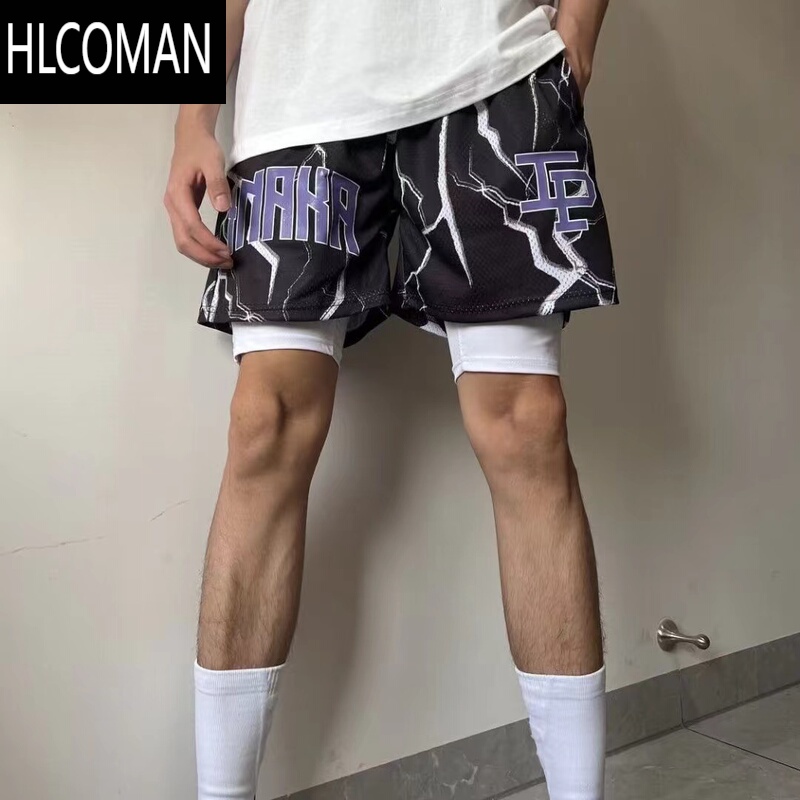HLCOMANIP潮牌闪电假美式篮球短裤男四分不过膝健身训练运动裤速干夏