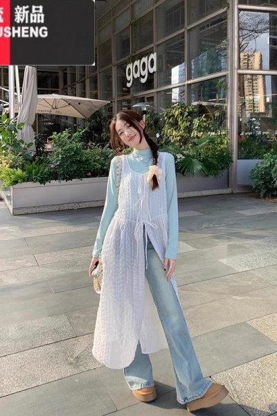 YIBUSHENG早春ins叠穿气质系带白色蕾丝连衣裙女前后两穿背心裙