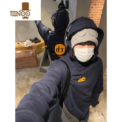 YANXU藏青色美式潮牌套头连帽卫衣男宽松2023新款薄款痞帅炸街上衣