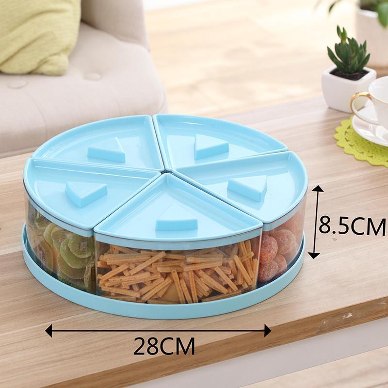 现代家用零食水果盘干果盘小麦分格带盖糖果盒创意塑料客厅干果盒-五彩缤纷 蓝