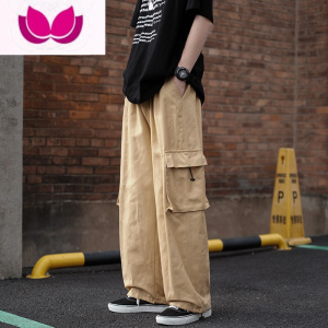 七斓日系痞帅工装裤男复古美式嘻哈潮流宽松直筒休闲长裤抽绳哈伦裤子