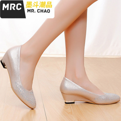 布鞋女鞋坡跟时尚亮钻金色女布鞋中跟时装鞋小跟女鞋墨斗潮品休闲鞋