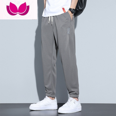 七斓夏季设计感华夫格休闲冰丝裤男宽松束脚薄款男士九分哈伦运动裤子