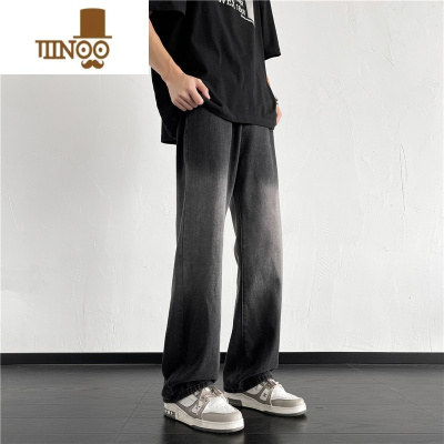 YANXU黑色渐变牛仔裤男夏季新款美式高街潮牌直筒宽松阔腿炸街痞帅裤子