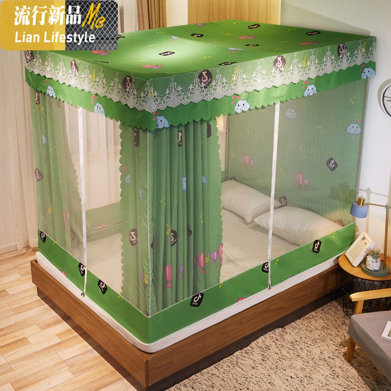 遮光防尘坐床一体式加密蚊帐加厚床帘防摔蒙古包回底加密床幔1.8m 三维工匠