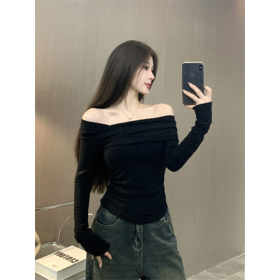纯欲性感辣妹德长袖打底衫上衣女秋冬修身绒斜领一字肩T恤潮