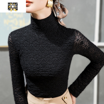 暖青汇高领加绒蕾丝打底衫女秋冬新款内搭大码高端欧洲站洋气黑色上衣女蕾丝衫