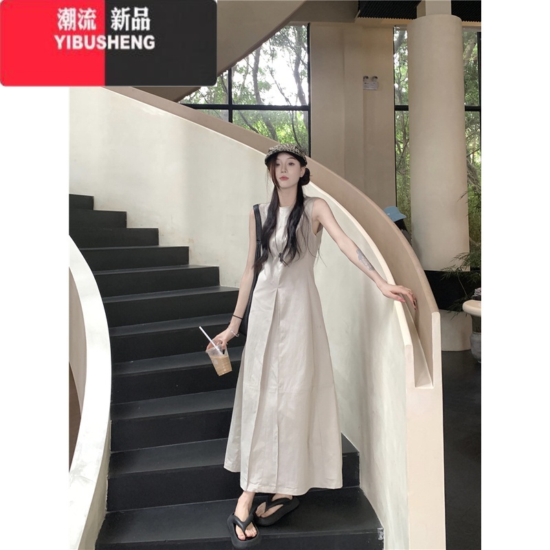 YIBUSHENG设计感压褶廓形背心连衣裙女季气质收腰显瘦A字裙长裙