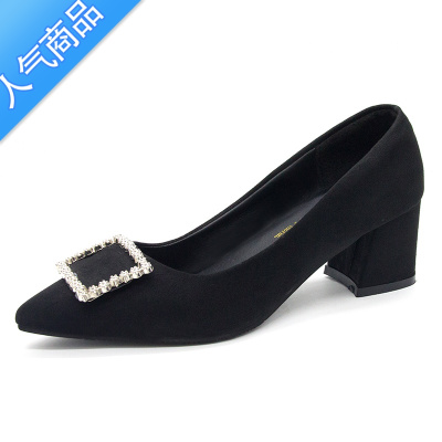 SUNTEK粗跟单鞋女2023春季新款百搭中跟水钻尖头鞋子职业黑色绒面高跟鞋