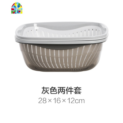 双层镂空洗菜篮蔬菜篮子套装家用厨房水果收纳篮塑料洗菜盆 FENGHOU 灰色方形两件套小号