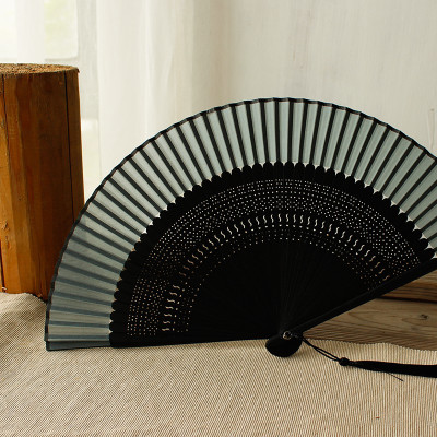 无邪日式扇子和风折扇7寸纯色竹扇礼品扇三维工匠黑骨棕色