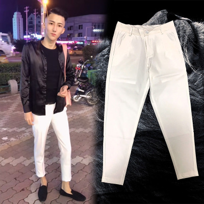 SUNTEK精社会小伙白色裤子小脚休闲裤快手网红同款新款百搭九分西裤男西裤