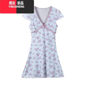 YIBUSHENGSUGAR紫色性感v碎花连衣裙女季纯欲收腰修身显瘦a字裙气质短裙