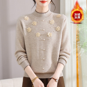 年加绒保暖妈妈上衣女冬装中领针织衫中老年女小衫加厚毛衣服