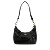 普拉达(PRADA)女士单肩包休闲百搭金色五金织物拼接斜挎包日常通