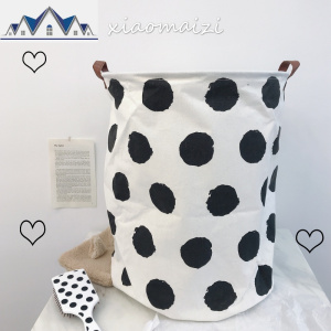 韩风ins简约波点脏衣篮北欧布艺棉麻防水大收纳桶折叠杂物篮家用 三维工匠收纳篮 大波点脏衣篮