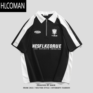 HLCOMANBMOB美式高街拼接撞色字母印花短袖Polo衫男夏季潮牌宽松休闲T恤