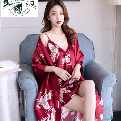 HLCOMAN吊带睡裙女冰丝薄款红色本命年睡袍女士丝绸性感韩版家居服两件套睡裙