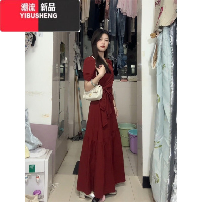 YIBUSHENG法式红色连衣裙子女小个子高级感泡泡袖2024新款季气质收腰长裙