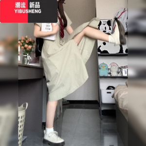 YIBUSHENG学院风绿色条纹衬衫连衣裙子女季2024新款法式收腰显瘦气质长裙