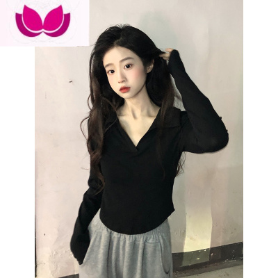 七斓polo领纯欲风短款长袖T恤女春季新款辣妹设计感修身白色打底上衣