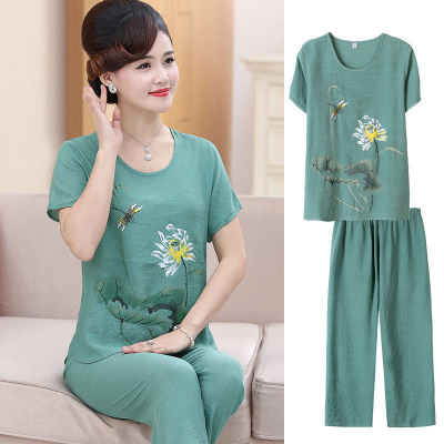 芊芷洛2021夏季宽松型中老年人女装棉麻短袖两件套装宽松大码妈妈装印花夏装上衣
