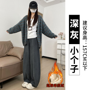 黑色羊羔绒裤子女冬加绒加厚小个子雪尼尔特厚毛呢休闲阔腿裤