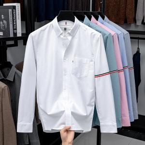 水洗牛津纺100%纯棉衬衫男秋季新款时尚翻领长袖休闲男士衬衣