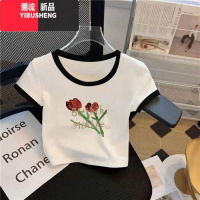 YIBUSHENG辣妹短款小个子短袖t恤女2024季新款设计感拼接上衣ins印花