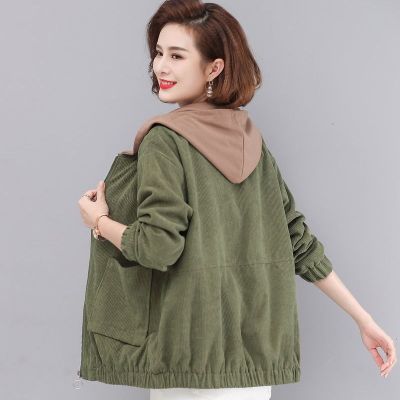 班俏BANQIAO春秋新款灯芯绒外套女时尚大码中年女装宽松连帽妈妈装夹克小棉衣