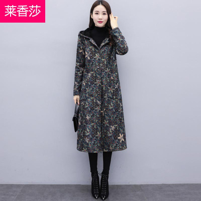 FISHBASKET民族风大码女装加绒加厚保暖连帽外套装中长款过膝棉麻风衣女风衣女