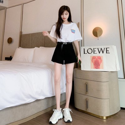 雅馨季短裤套装女夏2021年新款港风复古chic休闲网红减龄气质时尚两件套白色t恤+黑色短裤（送同款腰带）M