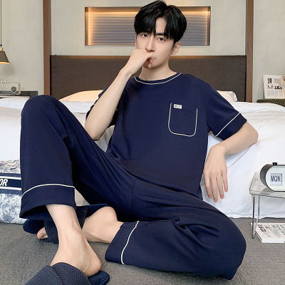 夏季睡衣男莫代尔薄款短袖长裤套装休闲宽松男士家居服大码可外穿_1