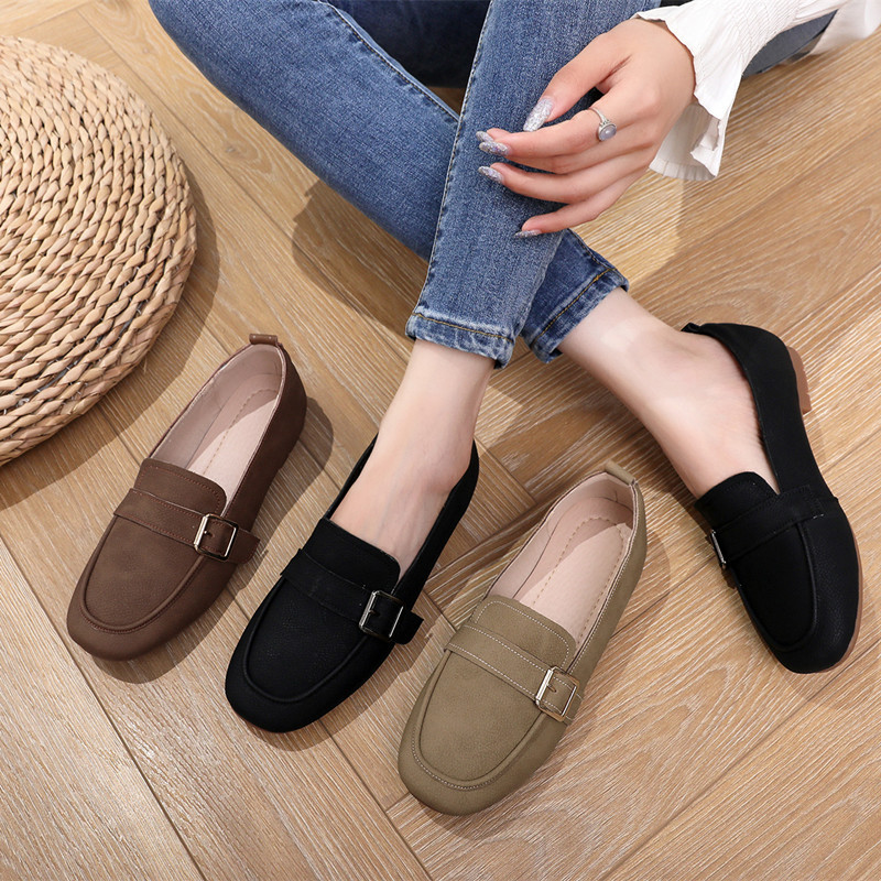 真皮一脚蹬休闲鞋女25新款春秋平底单鞋复古乐福鞋防滑软底四季鞋