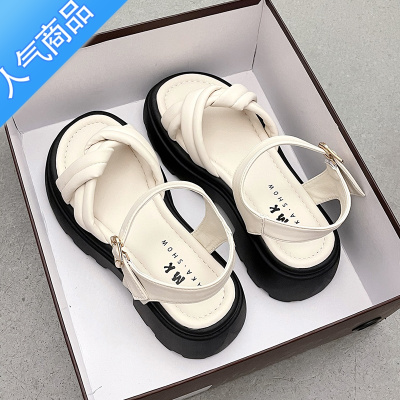 SUNTEK凉鞋女2023夏季新款时尚复古百搭小个子厚底防滑一字沙滩鞋ins潮