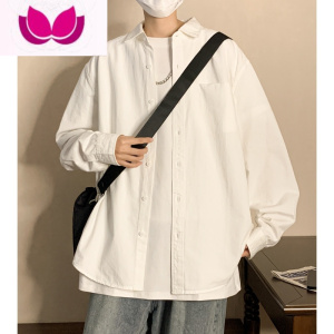 七斓白色长袖衬衫男春季高级感休闲宽松港风打底翻领衬衣日系复古外套