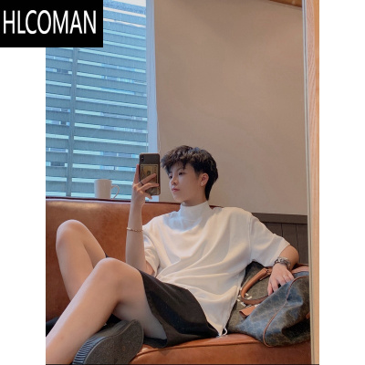 HLCOMANins痞帅半高领短袖t恤男夏季薄款冰丝小领口高级感五分袖纯色上衣
