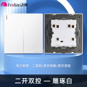 飞雕(FEIDIAO)开关插座86型家用暗装 超大面板钢支架 雕琢系列电源墙壁开关面板 拉丝白二开双控