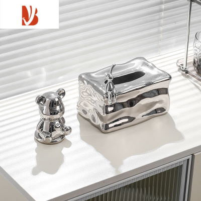 三维工匠网红创意陶瓷纸巾盒客厅轻奢风高级感抽纸盒桌面家用茶几摆件 陶瓷纸巾盒+牙签筒-银