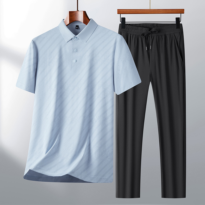 男士新款夏季清凉冰丝套装短袖T恤运动长裤薄款舒适休闲透气