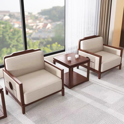 办公沙发会客室会议室接待贵宾区新中式商务洽谈办公单人沙发茶几